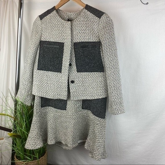 Ann Taylor Gray Gray Woven Collarless Parchwork Jacket & Skirt Set NEW - Picture 3 of 13